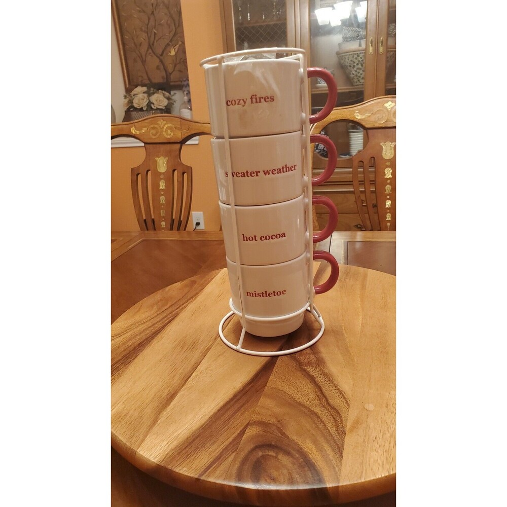 Bella Lux Stackable~ Set of 4 Christmas Mugs with Stand Collection ~De Noel